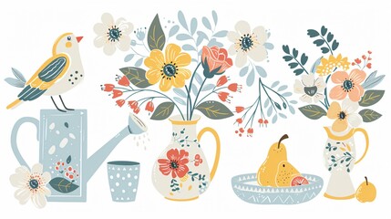 Elegant Classical Still Life with Flowers in Watering Can