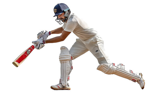 Cricket Player in Action: A dynamic shot of a cricket player executing a powerful stroke, showcasing the intensity and skill of the game. The image captures the energy and precision of the moment. 
