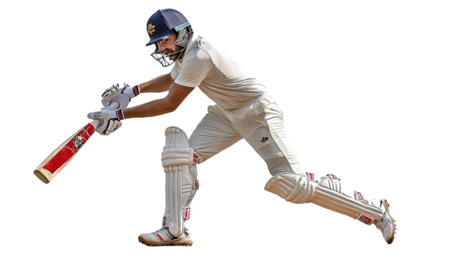 Cricket Player in Action: A dynamic shot of a cricket player executing a powerful stroke, showcasing the intensity and skill of the game. The image captures the energy and precision of the moment. 