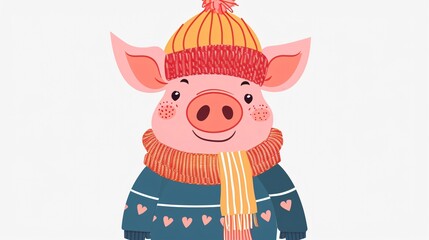 Fototapeta premium Adorable Piglet Wearing Sweater and Hat in a Colorful Greeting Card Design