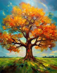 abstract picture of a beautiful oak tree in the autumn,oil paint artwork style