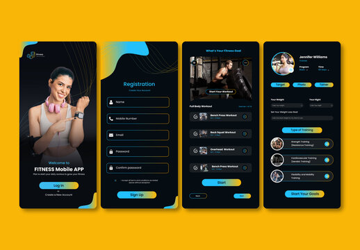 Fitness Mobile Tracker App UI Kit Design Template