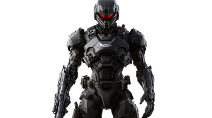 Cybernetic Soldier: A futuristic soldier, clad in sleek, black armor, stands ready for battle. His red eyes glow with determination, and his weapon is at the ready.