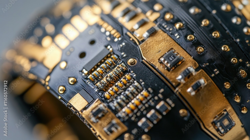 Poster A close-up of a microchip embedded in a flexible wearable device, showing the fusion of technology and fashion in modern innovations.