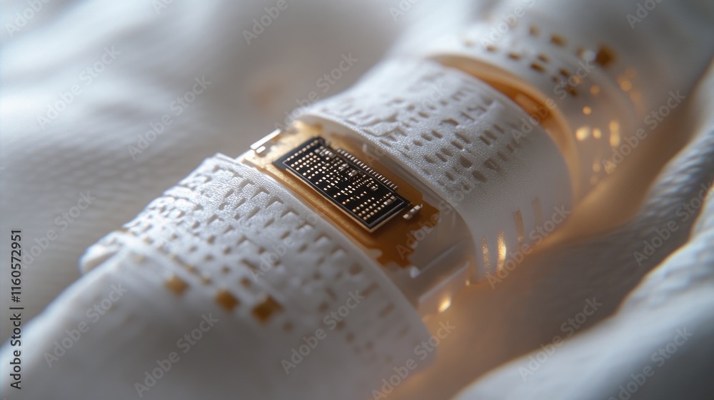 Poster A close-up of a microchip embedded in a flexible wearable device, showing the fusion of technology and fashion in modern innovations.