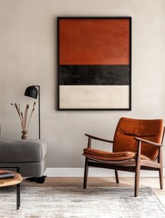 blank framed poster mock up, mid century living room, minimalistic