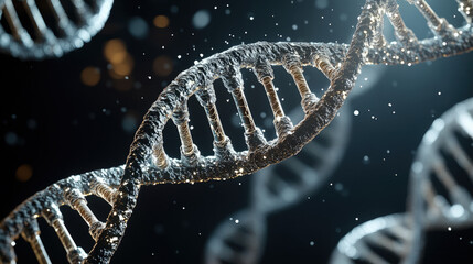 Close-up of intricate double helix structures representing ancient DNA molecules, highlighting the complexity and historical significance of genetic material, with copy space for text or design.