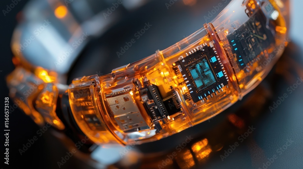 Aufkleber A close-up shot of a microchip embedded in a flexible wearable device, showcasing the intricate details and advanced technology.