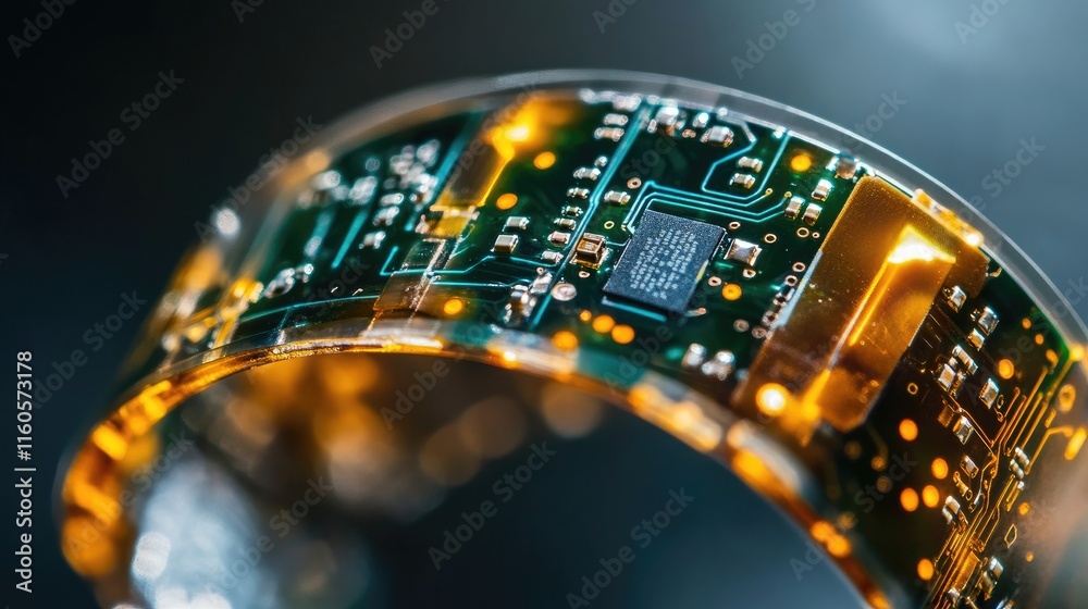 Poster A close-up shot of a microchip embedded in a flexible wearable device, showcasing the intricate details and advanced technology.