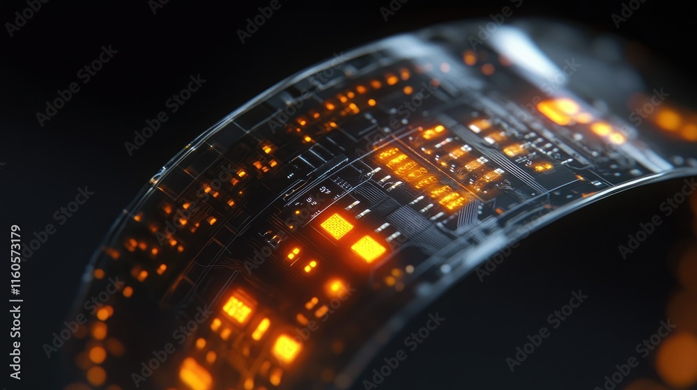 Poster A close-up shot of a microchip embedded in a flexible wearable device, showcasing the intricate details and advanced technology.