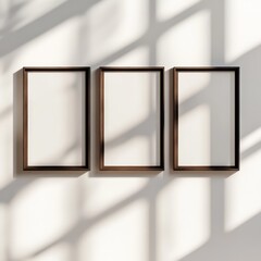 close up shot of three blank picture frames on a white colored wall, black wooden trim on frame, lot of natural light, window shadows, realistic photography