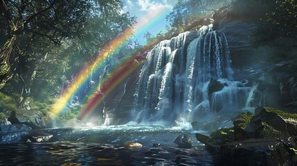 A panoramic shot capturing the vibrant colors of a rainbow over a cascading waterfall in a remote forest.