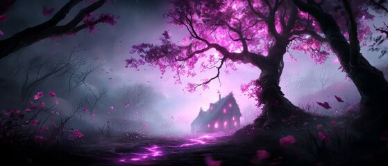 Mystical Pink Blossom Tree Enchanted House Fantasy Landscape