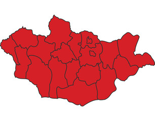 Mongolia Red map with border of regions outline vector