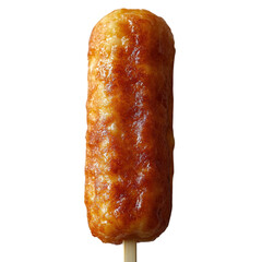 Corn Dog Delight, a simple corn dog on a clean white background, showcasing its golden batter and savory hot dog center, minimalistic appeal