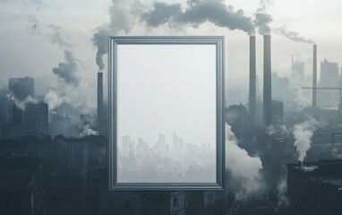 Blank white poster framed in sleek silver, set against a backdrop of a polluted city skyline with smog and smoke