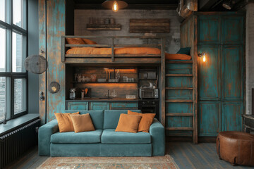 Photographie intérieure d’un petit studio rustique mettant en valeur un lit mezzanine en bois, kitchenette au style vintage, un canapé compact et éclairage chaleureux,  espace convivial et accueillant