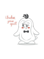 Flat vector character of a charming bird with a bow tie and inscription Under your spell. Valentine's Day card with a bit of humor. Remind your loved ones of your love on a holiday or just like that