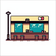 20241228122317list 18 A delightful 8-bit pixel art of a glowing pixelated coffee shop with tiny pixelated tables, glowing cups, and sparkling windows, set on a pastel beige and brown background 