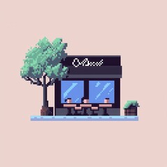 20241228122317list 18 A delightful 8-bit pixel art of a glowing pixelated coffee shop with tiny pixelated tables, glowing cups, and sparkling windows, set on a pastel beige and brown background 