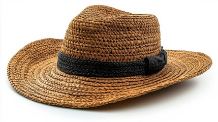 Straw Hat with Black Band on White Background. Generative AI