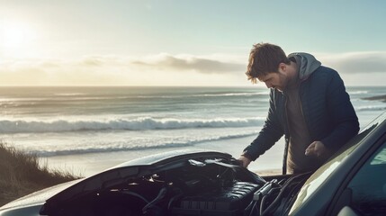 Fototapeta premium Car parked at a beach with a driver checking the battery connections. Featuring ocean waves in the background