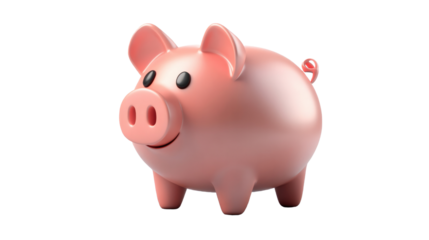 Smiling Piggy Bank:  A cheerful pink piggy bank stands ready to save your hard-earned money. This adorable 3D render is perfect for illustrating financial concepts, savings goals.