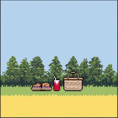 Fototapeta premium 20241228122317list 22 A delightful 8-bit pixel art of a glowing pixelated picnic scene with tiny pixelated baskets, sparkling sandwiches, and glowing drinks, set on a pastel yellow and green 