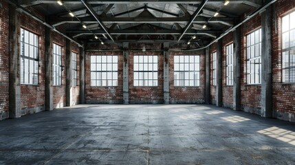 Spacious industrial loft interior with exposed brick walls, large windows, and high ceilings.