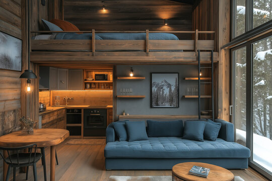 Photographie int&eacute;rieure d&rsquo;un petit studio rustique mettant en valeur un lit mezzanine en bois, kitchenette au style vintage, un canap&eacute; compact et &eacute;clairage chaleureux,  espace convivial et accueillant