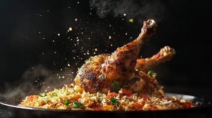 Arabic chicken biryani, Spicy chicken biryani food photography, flying food, black background.