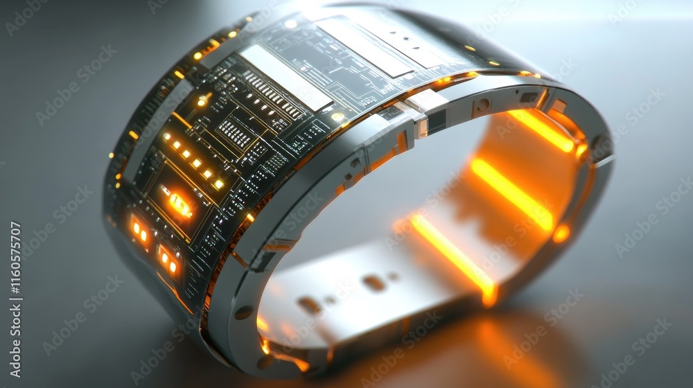 Aufkleber A detailed view of a microchip integrated into a flexible wearable device, highlighting its compact design and technological sophistication.