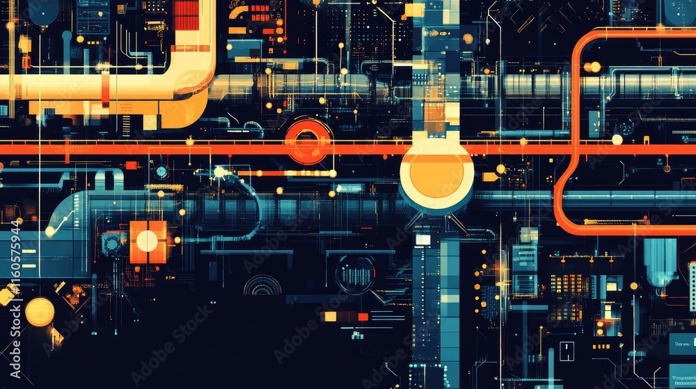 Poster A digital pipeline diagram representing SaaS and automation solutions transforming industries, with side copy space for text.