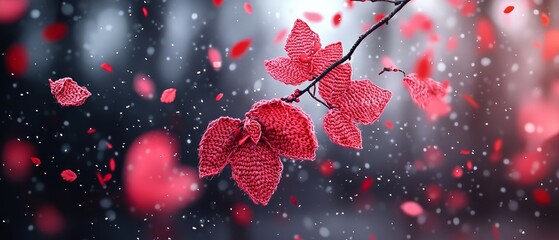Knitted Orchid Branch Red Petals Falling Winter Scene