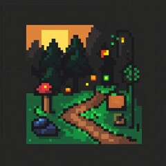 20241228122317list 38 A playful 8-bit pixel art of a glowing pixelated forest trail surrounded by tiny pixelated mushrooms, sparkling fireflies, and glowing trees, set on a pastel green and 