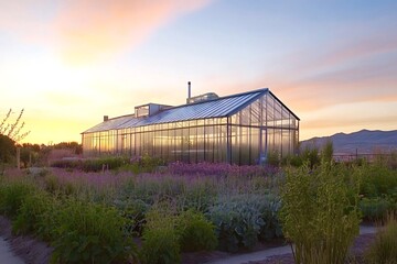 Obraz premium Large greenhouse reflecting warm sunset light stands in a field cultivated with various plants and flowers, creating a peaceful rural landscape