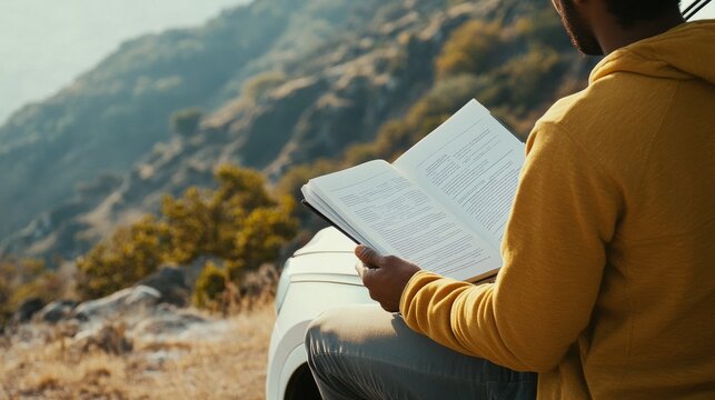 Car parked on a hillside with a driver reviewing a manual. Featuring a scenic landscape