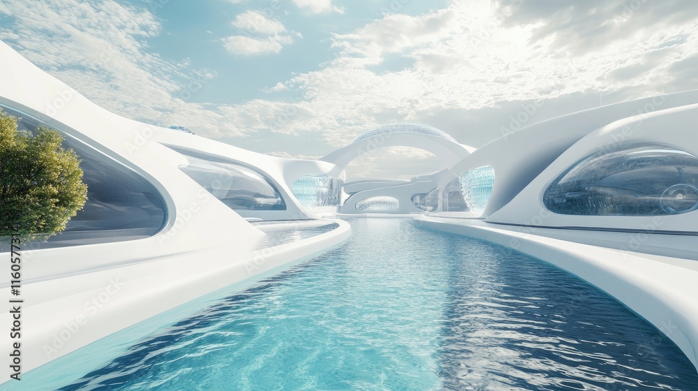 Poster a futuristic, modern design representing clean water technologies, solving the world water scarcity 