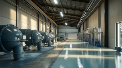 Fototapeta premium Clean and efficient urban wastewater treatment plant, where clear, cold water flows through advanced filtration equipment