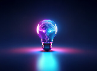 A glowing lightbulb, illuminated with vibrant pink and blue hues, reveals a brain-shaped filament within.  It symbolizes the power of ideas and innovation.