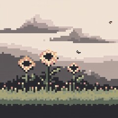 20241228122317list 58 A vibrant 8-bit pixel art of a glowing pixelated sunflower field with tiny pixelated bees and sparkling petals, set on a pastel yellow and green background for a cheerful 