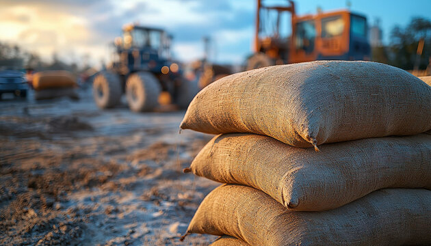 Stacked sandbags near construction site with heavy machinery in background