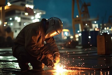 Fototapeta premium Skilled industrial worker wearing protective gear is welding metal in a shipyard at night, sparks flying and illuminating the scene with a blurred cargo ship in the background