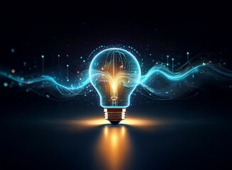 A glowing lightbulb, emanating energy waves, symbolizes innovation and bright ideas, technological advancement, and future potential.  The image suggests creativity and progress.