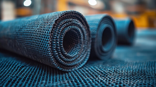 Woven geotextile fabric rolls stacked for inspection in warehouse setting