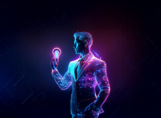 A glowing, polygonal businessman holds a vibrant lightbulb, symbolizing innovation and digital progress.  His form is rendered in cool and warm neon hues against a dark background.