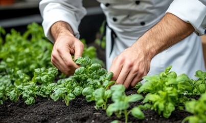 Chef's hands harvesting fresh basil from a garden.