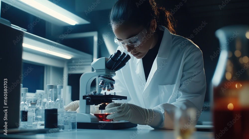 Poster a medical lab assistant analyzing a blood sample with a microscope in a state-of-the-art lab, focusi