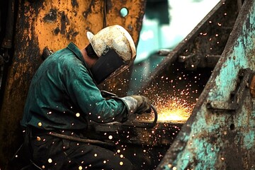 Industrial worker clad in protective gear is welding metal, generating a brilliant shower of sparks in a bustling workshop environment filled with machinery and tools