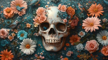 Human skull adorned with colorful flowers and birds.